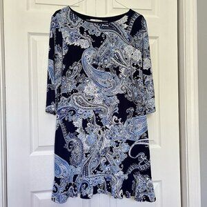 Studio One New York Womens XL Blue Paisley Floral Dress Ruffeld Hem 3/4 Sleeve